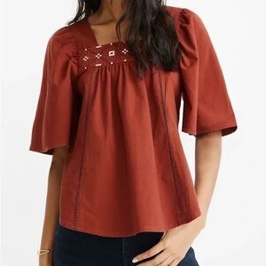 Madewell Cross Stitch Top Short Flutter Sleeve Burnished Mahogany Cotton